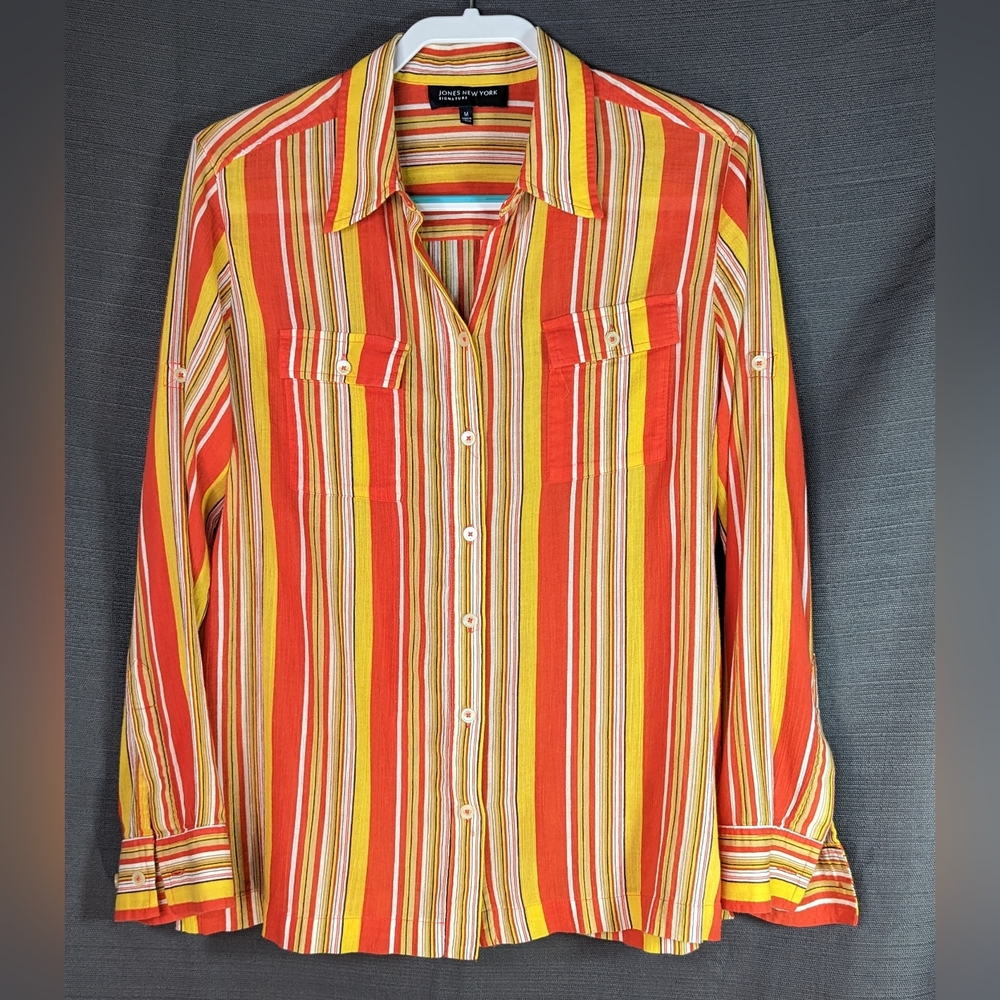Orange Red Yellow Striped Blouse M Jones New York - Picture 10 of 16
